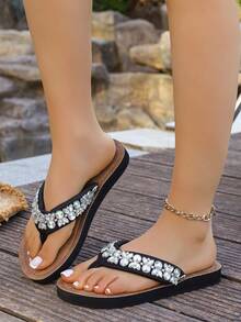 女士夏季新款防滑厚底沙滩拖鞋，坡跟高跟人字拖，适合户外沙滩婚礼 - 水鑽蝴蝶 - 查看 4