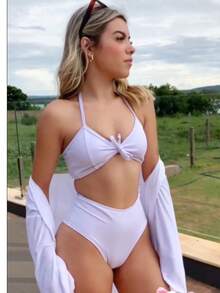 Biquini Cós Alto  elegante    Tecido revestido    biquini  Praia  Férias    piscina - Branco - Visão 3
