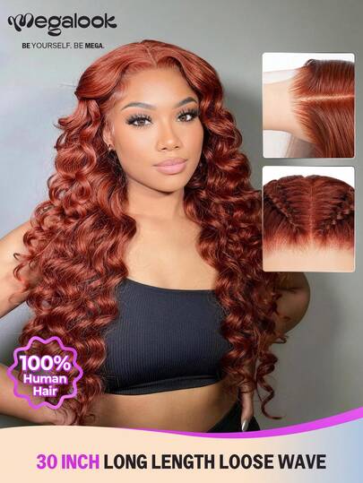 MEGALOOK 30英寸 #33 红棕色 100% 真人发长款蓬松波浪假发 13x4 蕾丝前假发 红色蓬松卷发假发，透明蕾丝，自然发际线，真人发假发 - 自然逼真，适合日常佩戴，可打造办公室、僵尸新娘、万圣节、派对、Y2K 风格、度假、户外角色扮演、校园、学校假期、圣诞节、派对、婚礼、节日等各种场合，适合女性佩戴。