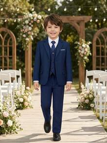 3pcs Boys Navy Blue Formal Suit Set, Toddler Tuxedo Outfit, Wedding Pageboy Blazer, Vest, Pants, Size 3-8 Years - Navy Blue - View 1