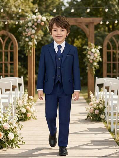 3pcs Boys Navy Blue Formal Suit Set, Toddler Tuxedo Outfit, Wedding Pageboy Blazer, Vest, Pants, Size 3-8 Years