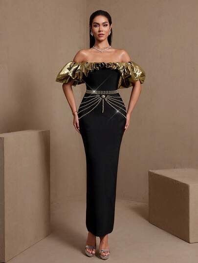 Solid Color Formal Evening Party Dress With Zipper, Color Block, Studded Decor, One-Shoulder, Fitted