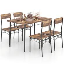 COSTWAY Modern Dining Table Set For 4, 5-Piece Kitchen Table Set W/Rectangular Table & 4 Chairs, Metal Frame, Wood Grain Surface, Space-Saving Dining Room Furniture Set For Home, Cafe, Restaurant, Brown - Brown - View 11