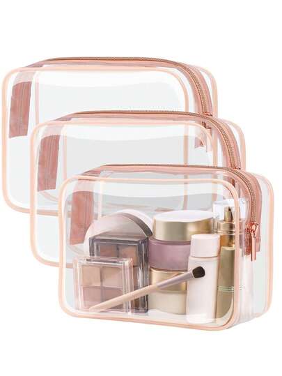 3pcs Transparent PVC Waterproof Portable Makeup Bag Set, Including Transparent Makeup Brush Bag, Large Capacity Makeup Bag And Waterproof Travel Storage Bag, Essential For Summer Vacation And Travel - Lightweight Multifunctional Zipper Bag For Lipstick, Comb, Cosmetics, Brushes And Skincare