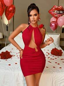 AIJ Vestido mini ajustado de mujer con espalda descubierta, tirantes finos, hebilla metálica, diseño hueco en la cintura y plisado, elegante para fiestas de verano - Rojo - Ver 8