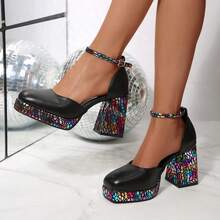 女士PU皮革拼接性感搭扣防水厚底派对高跟鞋，时尚粗跟，搭配连衣裙、牛仔裤，提升女性魅力，舒适优雅的高跟鞋 - 黑色 - 查看 4