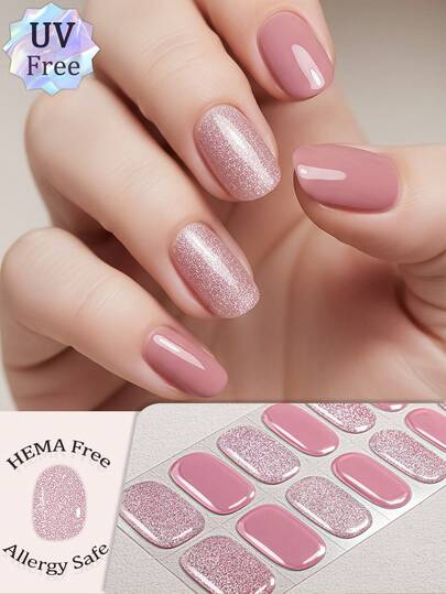 16 piezas de pegatinas de uñas de gel sin UV, elegantes y suaves, con brillo rosa y cristales, decoraciones de arte de uñas, suaves y dulces, protegen las uñas naturales, fáciles de aplicar y retirar, adecuadas para mujeres y niñas para uso diario, citas, fiestas, salidas de fin de semana, suministros de manicura DIY