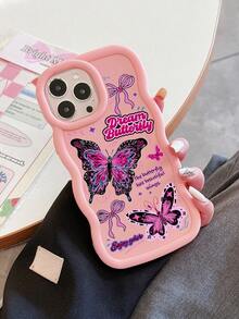 1pc "Dream Butterfly" Pink Bow Wave Edge Soft Silicone Protective Phone Case, Anti-Fall Anti-Scratch, Y2K Sweet Girl Style, Compatible With IPhone & Galaxy - Pink - View 5