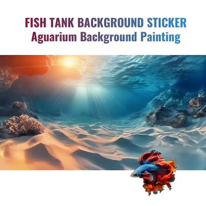 Pintura de fondo para acuario con tema de playa soleña y costera en azul y dorado, pegatina de fondo para acuario, material de PVC de alta definición, decoración de escenario de peces ornamentales, adecuado para acuarios de agua dulce, agua salada y reptiles, diseño profesional de acuario, escena realista, fácil instalación