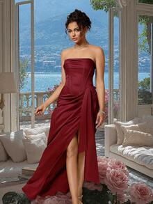 Elegant Ruched Slit Satin Strapless Formal Gown, Red Evening Party Dress, Suitable For Formal Occasions, Christmas, New Year #Grand Gala# Charming Graceful Dress - Burgundy - View 9