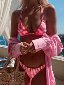 PEPPERMOLLY Red Gingham Halter Bikini Set, Retro Swimsuit With Ruffled Triangle Top & Cheeky Bottoms For Women - Red and White - View 7