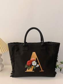 黑色帆布流苏单肩包，大容量手提包，学生笔记本电脑包 - 長方形 - 查看 1