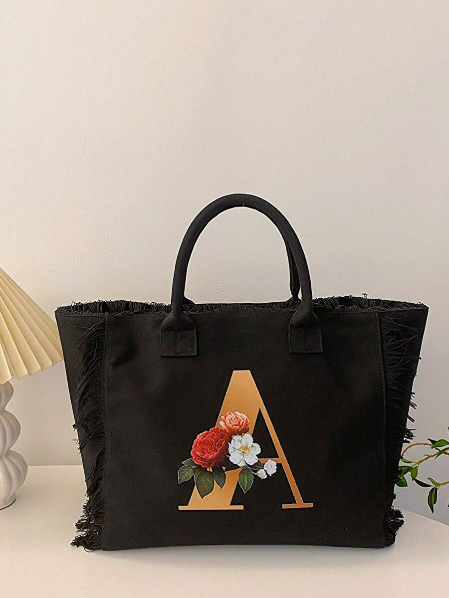 黑色帆布流苏单肩包，大容量手提包，学生笔记本电脑包 - 長方形 - 查看 1