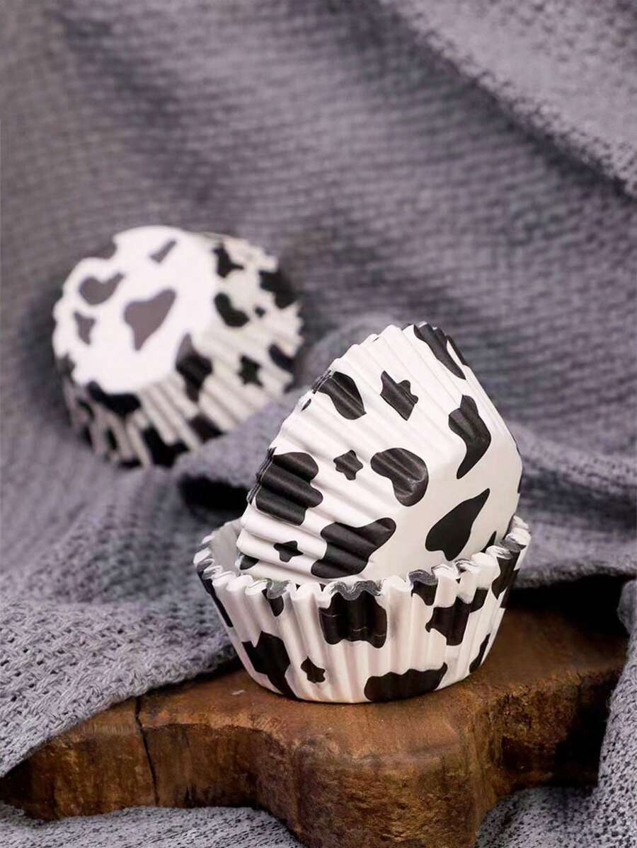 100pcs Black & White Cow Print Baking Cups, Mini Dessert Paper Cups Oil-Proof Baking Liners For Birthday Theme Party, Farm Animal Party, And Holiday Baking Supplies - Multicolor - View 1