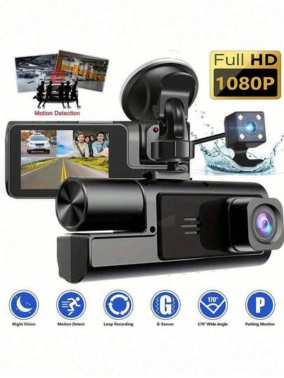 Cámara de salpicadero 1080P de 3 lentes, cámara DVR para automóvil con visión nocturna infrarroja, grabadora de automóvil de ángulo amplio de 170°, compatible con tarjeta TF de 32GB, grabación en bucle, sensor G | Cámara de salpicadero de doble lente de 2" IPS, modo de monitoreo de estacionamiento las 24 horas, regalo de Navidad