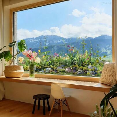 1片双面可见防水静电贴，草苔图案，适用于窗户玻璃，自然风格，适合装饰客厅、卧室、厨房和浴室窗户，提升家居氛围，为您的窗户增添一抹自然绿意。