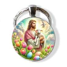 “复活节耶稣钥匙扣 - 2D 平面玻璃时光宝石，带有复活蛋和羔羊图案，复活节基督教宗教礼物，他已复活纪念品” - 彩色 - 查看 14