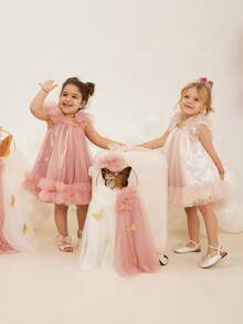 女婴吊带蝴蝶结薄纱蛋糕裙公主礼服，适合生日派对、花童、婚礼、复活节、洗礼、圣餐礼及其他正式场合 - 粉色 - 查看 6
