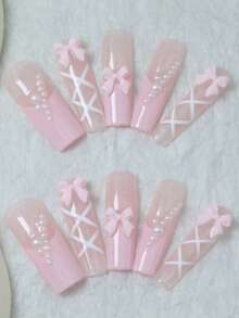 CrystalHola Valentine's Day : 10 Handmade Press-On Nail Stickers, French Square Long Nails, Pink Ballet Pearl Style With Bow, Full Coverage, Removable And Reusable, Long-Lasting And Durable, Unique Summer Nail Art, A Must-Have Fashion Accessory For Parties And Weddings. Nail Supplies - Multicolor - View 4