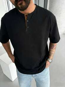 GRDR 1件男士休闲亨利领短袖T恤，夏季 - 黑色 - 查看 3