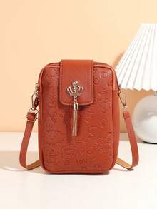 1 pieza Bolso vertical para teléfono con patrón en relieve lindo para niñas, bolso bandolera con colgante de borla con corona, regalo ideal - Multicolor - Ver 13