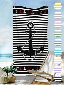 1条时尚简约黑色条纹沙滩巾，印有锚和海洋图案，速干吸水，适合旅行、露营、游泳池、瑜伽、健身、淋浴，必备沙滩度假用品（单面花卉印花，多种颜色可选） - 黑色條紋 - 查看 1