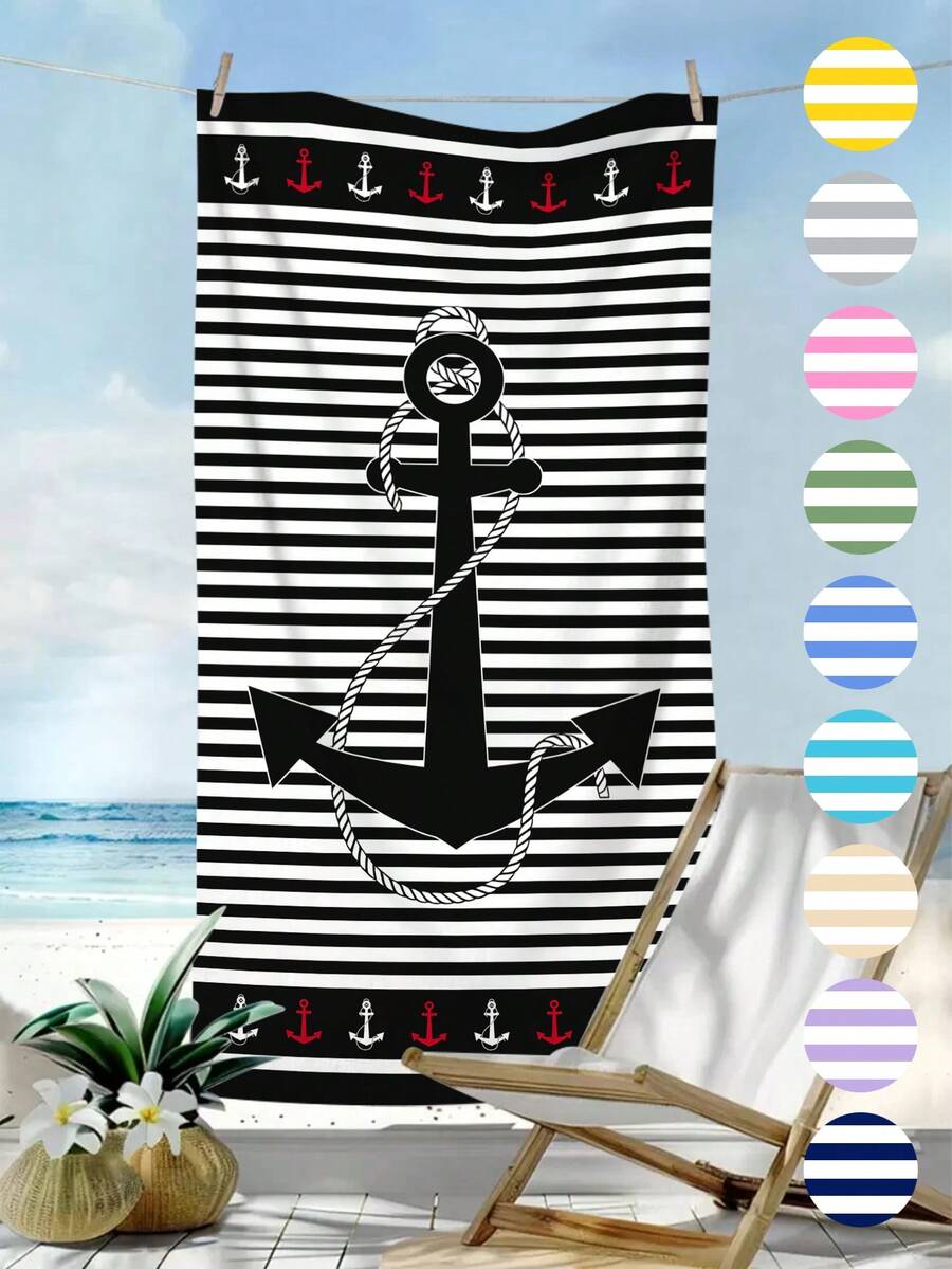 1条时尚简约黑色条纹沙滩巾，印有锚和海洋图案，速干吸水，适合旅行、露营、游泳池、瑜伽、健身、淋浴，必备沙滩度假用品（单面花卉印花，多种颜色可选） - 黑色條紋 - 查看 1