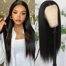 32英寸360°高清全蕾丝深波浪卷发合成假发，180密度，预先拔毛，无需胶水，黑色直发蕾丝前假发 - 彩色 - 查看 13