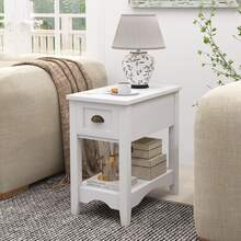 COSTWAY Chair Side End Table, Retro Side Table W/ Drawer And Open Shelf, Compact Rectangular Bedside Table Nightstand W/ Solid Wood Legs, Narrow Side Table Slim End Table For Small Space, Living Room, Bedroom, White - White - View 7