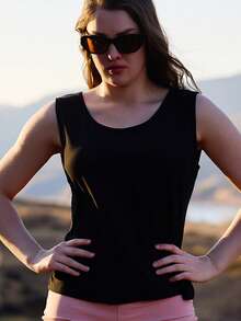 Áo tank top cổ tròn màu trơn cỡ lớn, áo tank top cơ bản không tay kiểu dáng thường ngày, áo tank top cổ tròn không tay màu trơn, áo tank top đa năng mặc hàng ngày, áo tank top cổ tròn màu trơn, áo tank top không tay kiểu dáng thường ngày cho mùa hè màu đen - màu đen - Xem 2