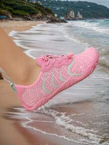 1 Pair Unisex Breathable Striped Print Mesh Casual Shoes, Lace-Up Low-Top Barefoot Shoes, Rubber Outsole Outdoor Couple Cycling Shoes, Suitable For Indoor Running, Yoga, Jumping Rope, Outdoor Vacation, Beach, Water Sports - Pink - View 5