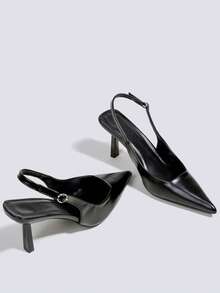 女士黑色搭扣时尚高跟鞋，露趾高跟鞋，派对高跟鞋，婚鞋，玛丽珍鞋，正式礼服鞋，高跟凉鞋，无后跟尖头套脚高跟鞋 - 黑色 - 查看 4