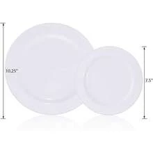 两件套白色圆形餐盘，包括一个7.5英寸的甜点盘和一个10.25英寸的餐盘，易于清洗且可重复使用，适用于婚礼、情人节、餐饮活动、派对、家庭聚会、高级餐厅、主题餐厅或家庭晚餐。 - 白色 - 查看 12