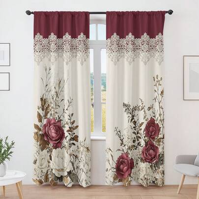 2pcs Vintage Floral 2D Printed European Style Curtains, Red Rose Decorative Curtains For Living Room And Bedroom