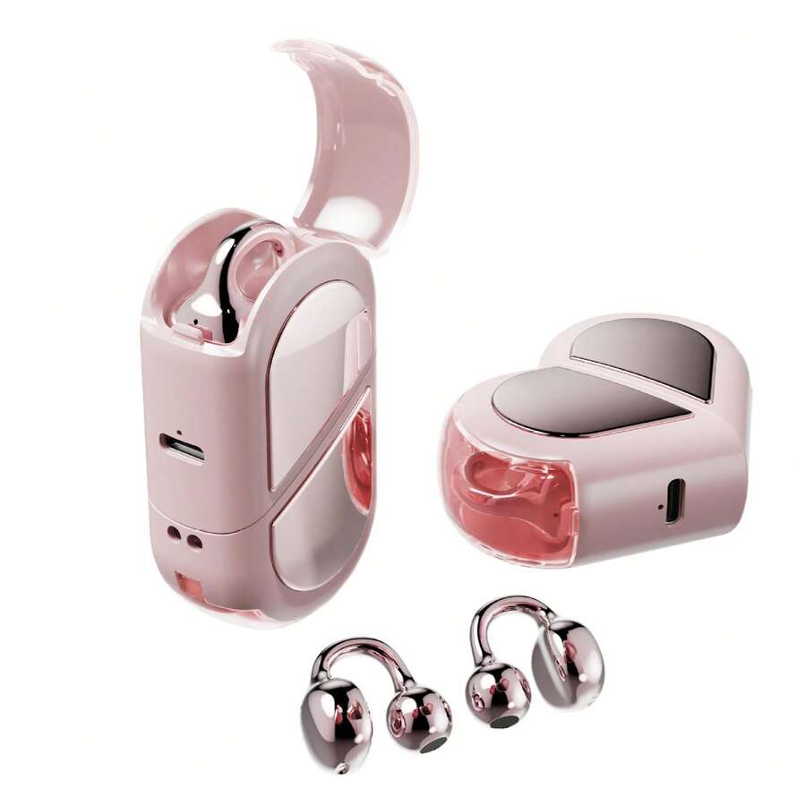 Audífonos Bluetooth con Estuche en Forma de Corazón Kawaii, Diseño Ear-Clip, Cómodo y Ligero, Batería de 4 Horas de Duración, Ideal Para Uso Diario, Gimnasio, Escuela, Oficina - Rosa - Ver 1
