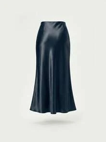 YROOE Fashion Women Casual Minimalist Elegant Elastic Satin Quality Satiny Skirt Spring - Dark Blue - View 8