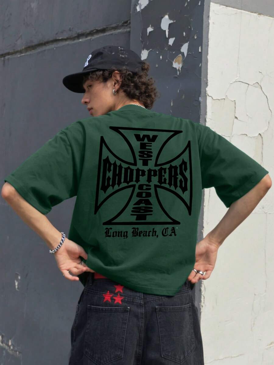 Men's Personalized T-Shirt With Letter Graphic Print, Suitable For Summer Casual, Home, And Commute Wear - Dark Green - View 1