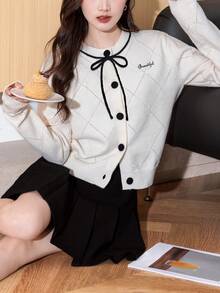 女士优雅蝴蝶结撞色圆领针织开衫，简约风格，秋冬款 - 米色 - 查看 1