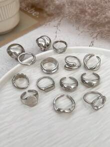 14 piezas Conjunto de anillos gruesos de metal dorado minimalista y de moda con diseño geométrico asimétrico exagerado y gota de agua hueca. Apilables para mujer. (La colocación individual de los anillos puede variar ligeramente, por favor consulte las imágenes del producto real para verificar) - Plateado - Ver 3