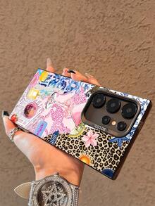 1pc Luxury Leopard Print Electroplated Button Anti-Drop Phone Case Compatible With Samsung Smartphones - Multicolor - View 3