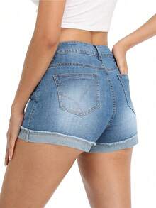 Women's Front Button Pocket Simple Stylish Casual Denim Shorts - Blue - View 4