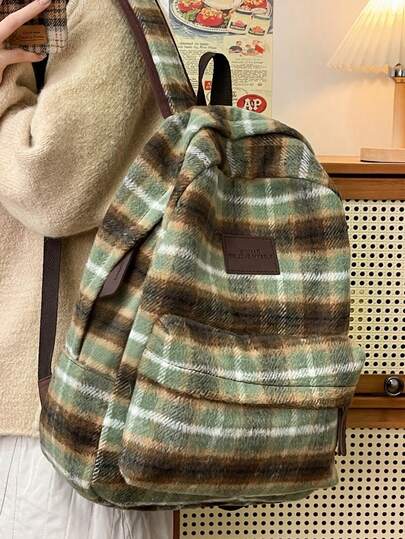 Letter Color Block Women's Functional Backpack, British Style Bookbag, Retro Plaid Wool Blend Backpack, Versatile Student Backpack