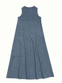 Fashion Me 春夏优雅纯色V领无袖A字型涤纶长裙，休闲宽松简约百搭日常穿着，藏蓝色，春夏，独立日 - 藏蓝色 - 查看 2