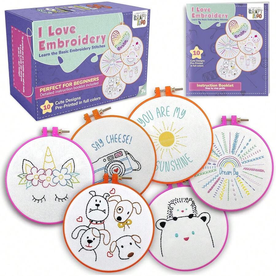 10 patrones de bordado preestampados para principiantes, kit de bordado para niños y niñas, kit de costura para principiantes, punto de cruz, costura perfecta para edades de 7 a 13 años - Kit de 5 bordados - Ver 1