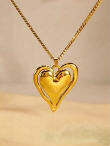 MECYLIFE 1件不锈钢镂空心形吊坠项链，朋克风链项链，情人节、母亲节个性化珠宝礼物 - 光面大愛心 - 查看 4