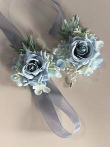 2 piezas/1 pieza Muñequera de Flores de Novia y Boutonnière, Adecuado para Novio, Novia, Padre, Madre, Abuelos Decoración y Uso en Boda, Fiesta de Graduación, Accesorios del Día de San Valentín - Azul - Ver 6
