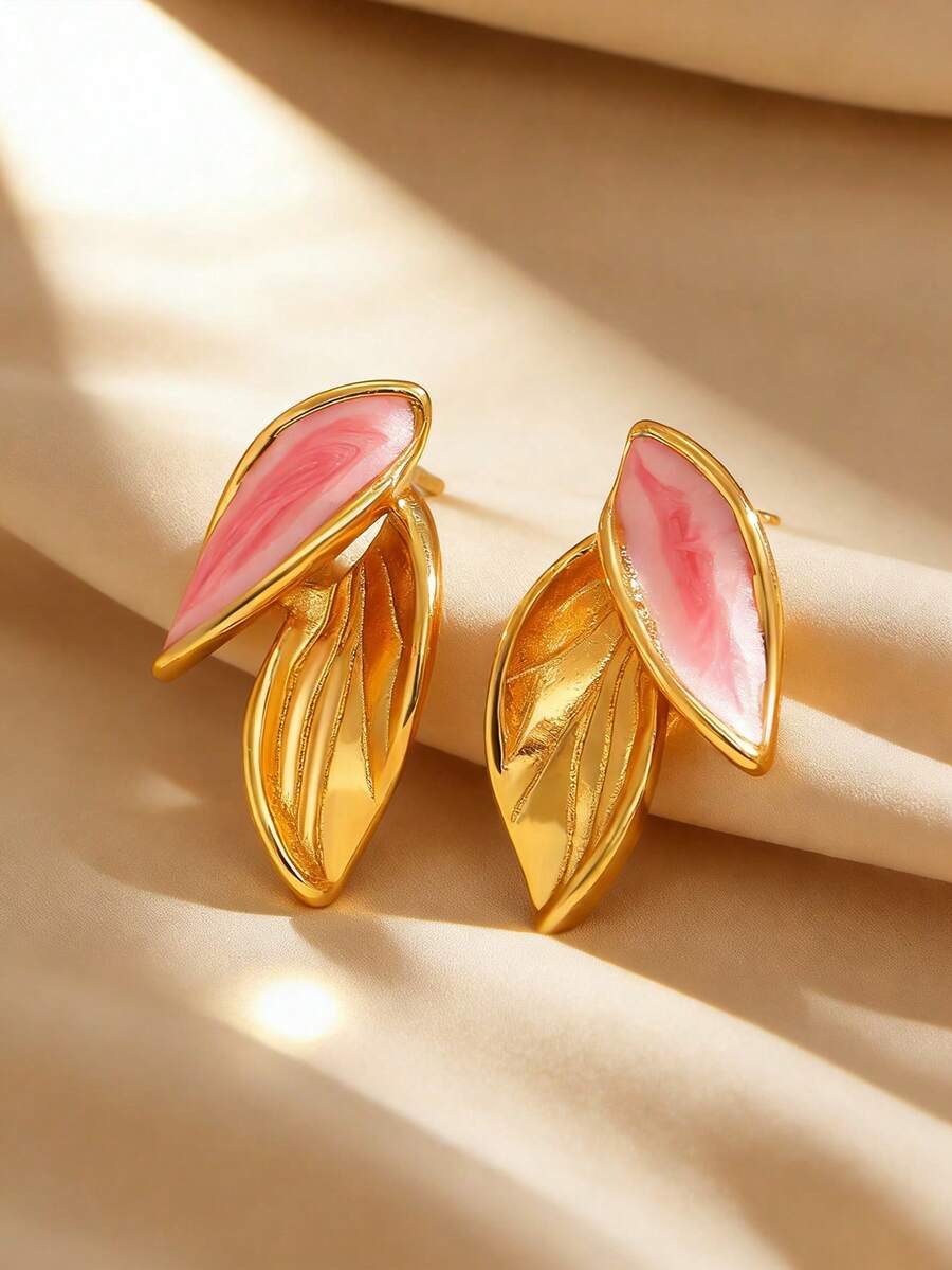 一对不锈钢珐琅叶子造型耳环，简约休闲优雅百搭，高端礼品之选，适合女性日常、派对、活动佩戴。 - 彩色 - 查看 1