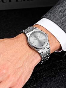 1pc Men's Quartz Watch, Octagonal Case Design, Full Steel Material Suitable For Commute And Daily Wear, Showcasing Understated Elegance - Silver - View 5