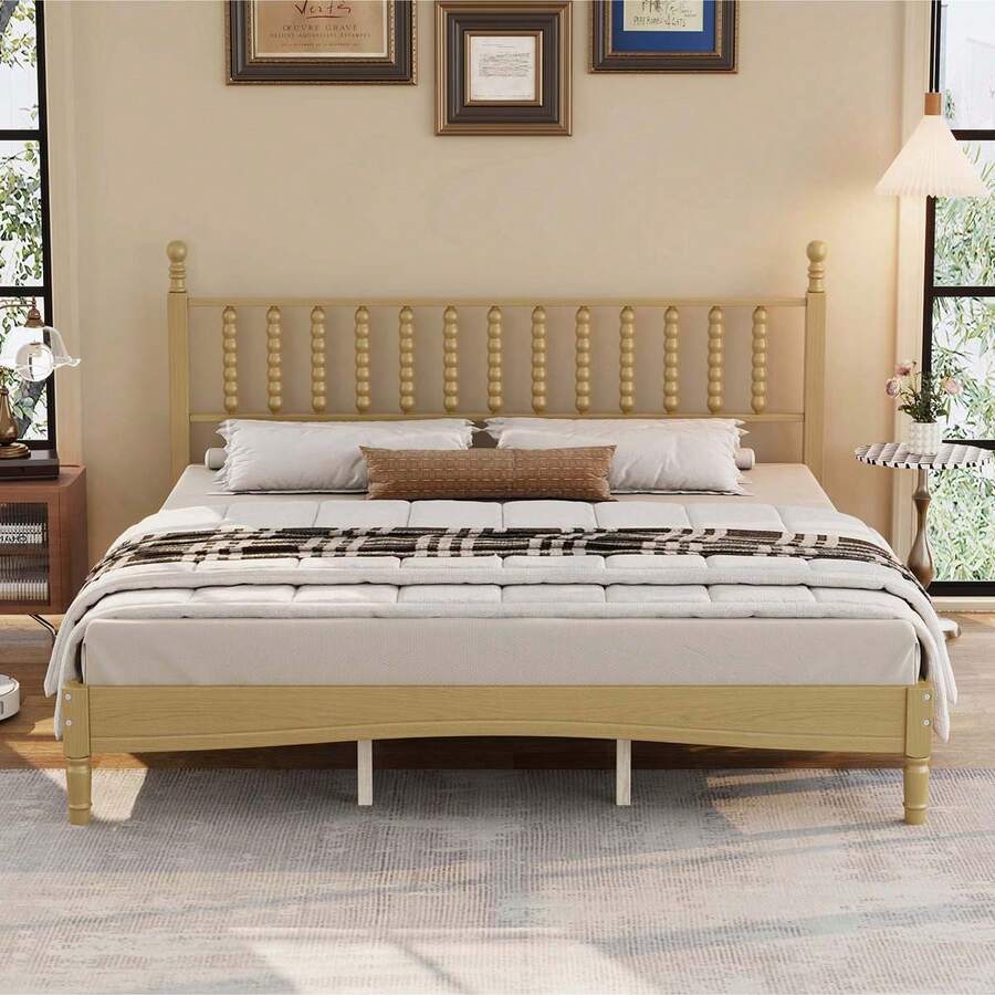 MERAX King Size Wood Platform Bed With Gourd Shaped Headboard,Retro Style Platform Bed With Wooden Slat Support,Natural - King Size-Natural - View 1