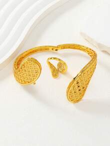 2pcs Middle Eastern Ramadan Style Hollow Rhombus Textured Bracelet & Ring Set, Suitable For Women's Daily Ramadan Wear - Yellow Gold - View 5